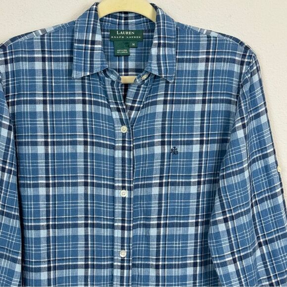 Lauren Ralph Lauren Blue Linen Plaid Shirt M - Picture 2 of 7
